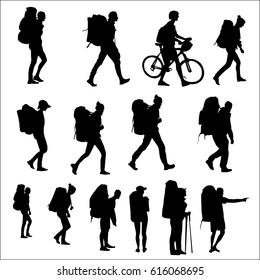 Tourists with backpacks go, silhouette vector