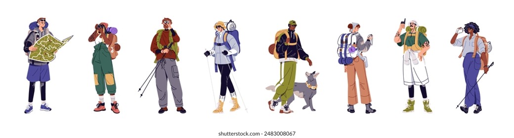 Tourists with backpacks set. Hikers with equipment trekking. Backpackers with map, binoculars hiking. People carry rucksacks, knapsacks, bags in journey. Flat isolated vector illustrations on white