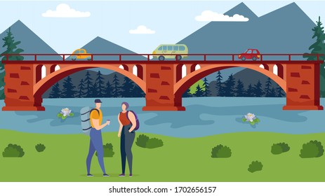 Tourists with backpacks stand on the river bank vector flat illustration. Man and woman are resting in nature. Couple communicates in nature, mountain landscape with forest, cars ride along bridge.