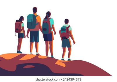 tourists with backpacks standing together summer vacation time to travel concept full length horizontal