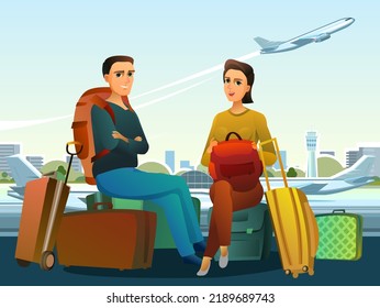 Tourists with backpacks and suitcases. In airport with international flights. Vacation by plane. Sits on luggage and waits. Boy and girl or husband and wife. Vector.
