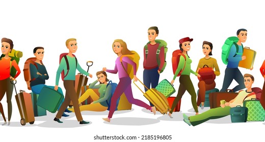 Tourists with backpacks and suitcases. Fun person cartoon style. Seamless picture. Isolated on white background. Traveler on road. Vector