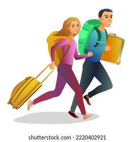 Tourists with backpacks and suitcases. Runs late. Boy and girl or husband and wife. Isolated on white background. Vector