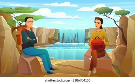 Tourists with backpacks and suitcases. Sits on luggage and waits. Near beautiful water reservoir among stones and rocks. Boy and girl or husband and wife. Vector.