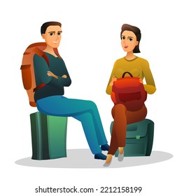 Tourists with backpacks and suitcases. Sits on luggage and waits. Isolated on white background. Boy and girl or husband and wife. Vector.