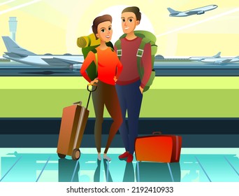 Touristes avec sac à dos et valises. Debout et souriant. A l'aéroport avec des vols internationaux. Garçon et fille ou mari et femme. Image vectorielle