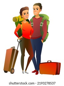 Tourists with backpacks and suitcases. Standing and smiling. Boy and girl or husband and wife. Isolated on white background. Vector