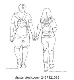 Tourists with backpacks walking away. Couple holding hands. Rear view. Continuous line drawing. Black and white vector illustration in line art style.