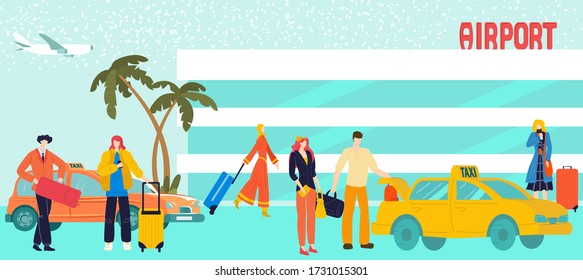 Tourists with baggage suitcases in airport taxi, travellers people put luggage to cars flat vector illustration. Airplane in air flight, man with bags at arrival touristic airport taxi transport.