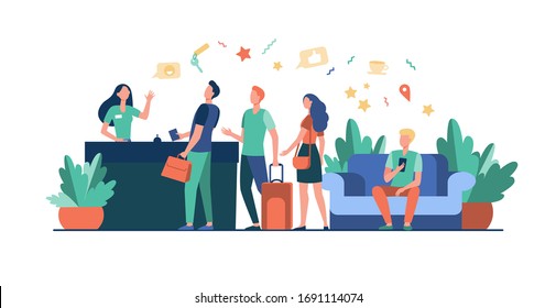 Tourists with bags checking in at hotel. Queue of people standing at reception desk in hotel lobby. Vector illustration for travel, business, tourism concept