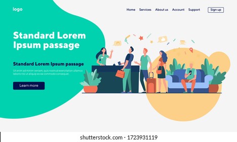 Tourists with bags checking in at hotel. Queue of people standing at reception desk in hotel lobby. Vector illustration for travel, business, tourism concept