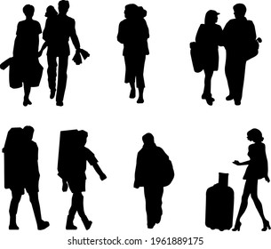 Tourists with bags are going to have a rest.