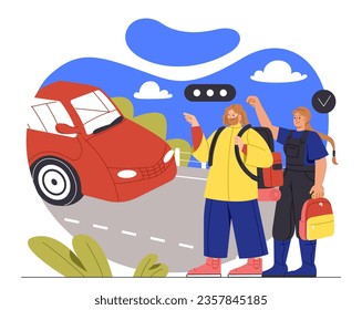 Tourists with bags near car concept. Man and woman hitchhiking. Travel and trip, active lifestyle. Young guy and girl near highway. Couple travelling with automobile. Cartoon flat vector illustration
