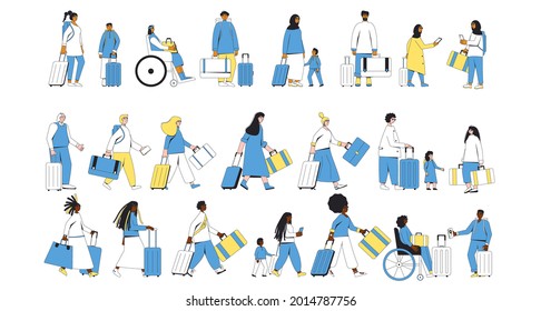 Tourists with bags. Travelers with luggage. People with baggage. Filled line vector illustration.