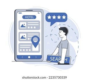 Tourists booking hotel. Young guy with smartphone chooses place to travel. Buying tickets online and convenient service. Program and application for travelers. Cartoon flat vector illustration