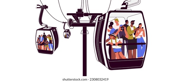 Tourists in cable car of cableway. People travel by aerial tram, standing inside transparent glass cablecar, cabin. Passenger in booth, rope way. Flat vector illustration isolated on white background