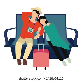 Tourists with camera sleeping sitting on seats in airport. Couple woman and man napping in chairs in lounge. Flight delayed or canceled. Troubles during vacation. Flat cartoon vector illustration