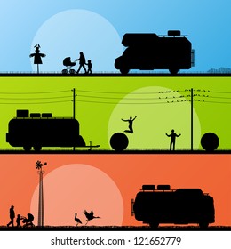 Tourists and campers vehicle detailed silhouettes in countryside landscape background illustration collection vector