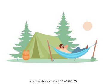 Tourists camping concept. Camper man character relaxing in hammock near touristic tent in forest. Summer vocation vector illustrations isolated on white background.