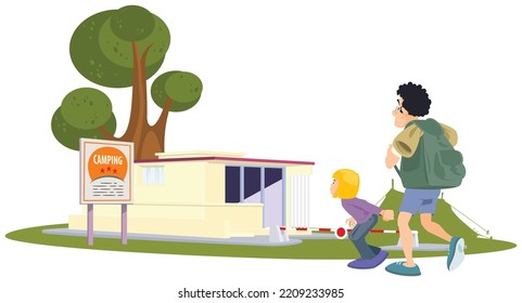 Tourists at campsite. Funny people. Illustration concept template for website, web landing page, banner, presentation, social, poster, promotion or print media.