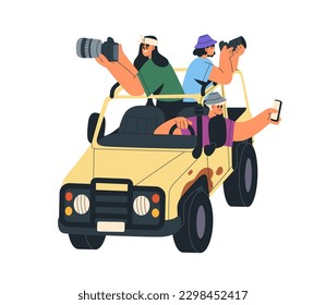 Touristen im Auto. Fröhliche Menschen, die Fotos mit Kameras machen, Telefon auf der Straße, Abenteuer in der Natur. Freunde auf Expedition, Safari-Tour nach Afrika. Flache Vektorgrafik einzeln auf weißem Hintergrund