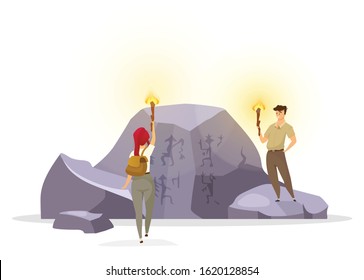 Tourists in cave flat vector illustration. Expedition group observing wall painting on rock. Prehistoric culture. Woman and man with torches discover mural pictures. Explorers cartoon characters