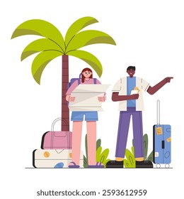 Tourists characters. People travel. Man and woman with backpacks, luggage, map traveling abroad. Line art flat vector illustration isolated on white background.