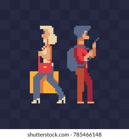 Tourists characters. Pixel art. Man holding phone and woman with suitcases. People traveling. Isolated vector illustration.