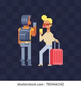 Tourists characters. Pixel art. People traveling with suitcases. Happy couple travel together. Woman and man holding phone ready for vacation travel at the airport. Isolated vector illustration.