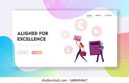 Tourists Characters Purchasing Goods in Tax Free Area Landing Page Template. Happy Woman with Suitcase, Banner with Duty Free Inscription, Man with Huge Calculator. Cartoon People Vector Illustration