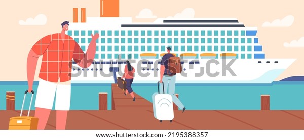 Tourists Characters Waiting Boarding On\
Cruise Liner at Wooden Pier. People in Marine Voyage on Vacation Or\
Weekend. Passengers with Luggage Sit on Yacht or Ship Deck. Cartoon\
Vector Illustration