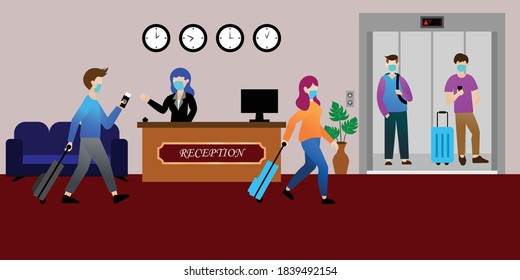 Tourists check in at hotels during the new normal period by wearing masks to prevent COVID 19 infection. People wearing masks in the elevator. Social distancing.