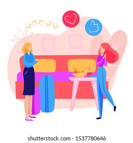 Tourists checking into hotel room landing page. Luggage, suitcase, double bed. Business concept. Vector illustration for topics like booking, tourism, accommodation