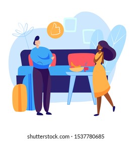 Tourists checking into hotel room. Luggage, suitcase, double bed. Business concept. Vector illustration for topics like booking, tourism, accommodation