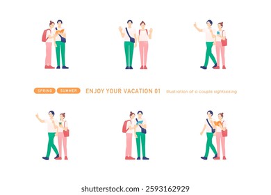 Tourists checking a map and enjoying eating. Vector illustration set of a man and woman sightseeing.