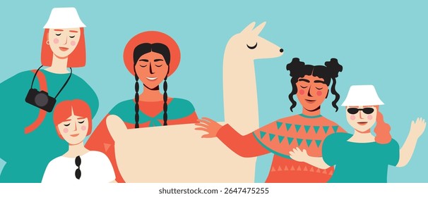 Tourists with children and BIPOC people in traditional clothes in latin america or peru with alpaca, flat vector stock illustration as a concept of traditional travel for sstkTravel
