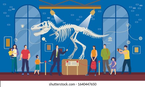 Tourists with Children at Natural Science Archeological Museum. Men, Women, Kids Listening to Guide and Looking at Prehistoric Times Dinosaur Remains, Skeleton, Bones Exposition. Vector Illustration