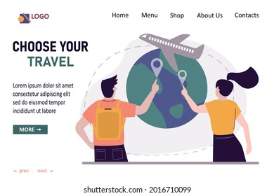 Tourists choose place to travel on planet earth. Cartoon travelers searching and planning trip. Summer vacation and recreation concept. Airplane travel. Template, landing page. Vector illustration
