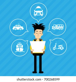 Tourists are choosing a car to travel . vector cartoon design for business travel