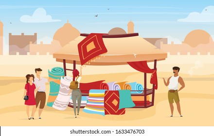 Tourists choosing persian rugs flat vector illustration. Eastern outdoor market. Trade awning with carpets on marketplace. Egyptian bazaar faceless cartoon characters with deserts town on background