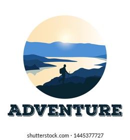 Tourists climbing on a rock, man walking on a hill. Adventure landscape of mountains and river with sunset. Round logo, icon, badge or label with silhouette of traveler man walking on rough terrain.