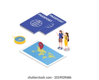 Tourists with compass, passport and and digital map 3d isometric vector concept for banner, website, illustration, landing page, flyer, etc.