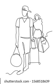 Tourists continuous one line vector drawing. Two people with baggage. Young couple traveling. Hand drawn travelers. Minimalistic contour illustration