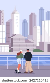 Tourists couple Asian city. People looking at modern Chinese cityscape, China skyscrapers, pagoda buildings. Asia downtown, Eastern oriental architecture poster, card. Flat vector illustration