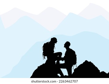 Tourists couple with backpacks silhouette vector  illustration isolated on white background.