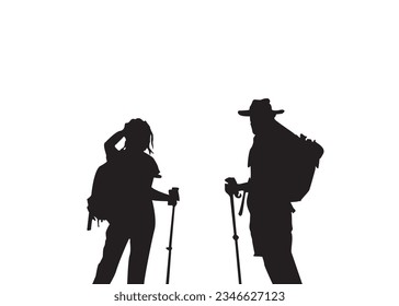 Tourists couple with backpacks vector silhouette illustration eps isolated on white background.