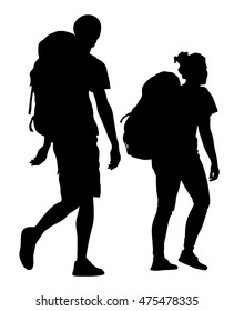 Tourists couple with backpacks vector silhouette illustration isolated on white background.