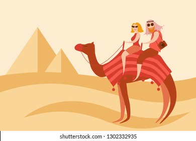 Tourists couple camel riders in the desert on the Egypt pyramids background vector illustration. Woman and man wearing head scarf sit on the camel back and smile.
