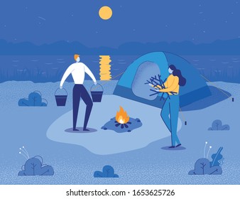 Tourists Couple in Camping Trip in Forest Setting Fireplace. People Cartoon Characters on Moon NIght Landscape Background with Tent. Outdoor Recreation Activity and Tourism. Flat Vector Illustration.