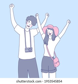 Tourists couple character a design of vector. Cartoon illustration.